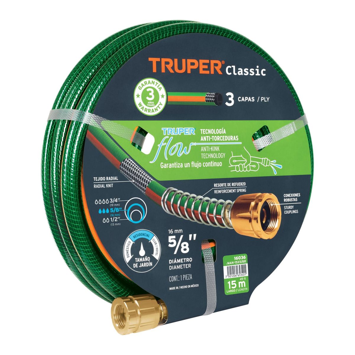 TRUPER - Manguera 5/8" reforzada 3 capas 15 m conexiones de metal