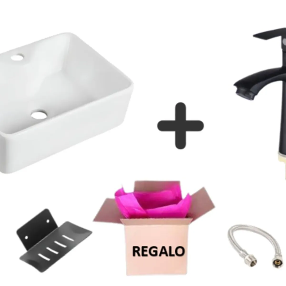 IMPORTADO MC - COMBO DE LAVATORIO GRIFERIA COLOR NEGRO + JABONERA+ TUBO ABASTO