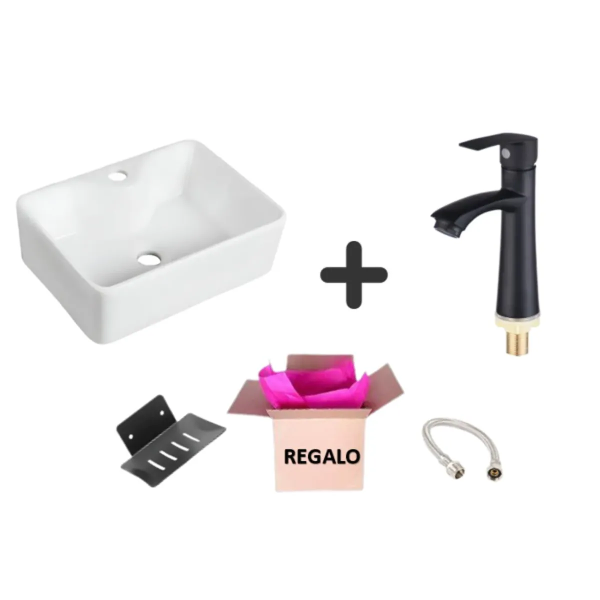 IMPORTADO MC - COMBO DE LAVATORIO GRIFERIA COLOR NEGRO + JABONERA+ TUBO ABASTO