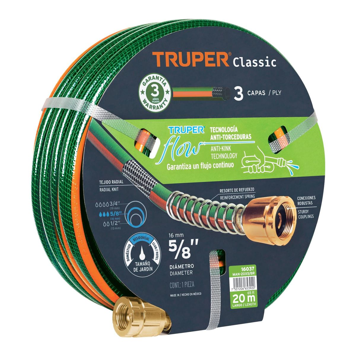 TRUPER - Manguera 5/8" reforzada 3 capas 20 m conexiones de metal