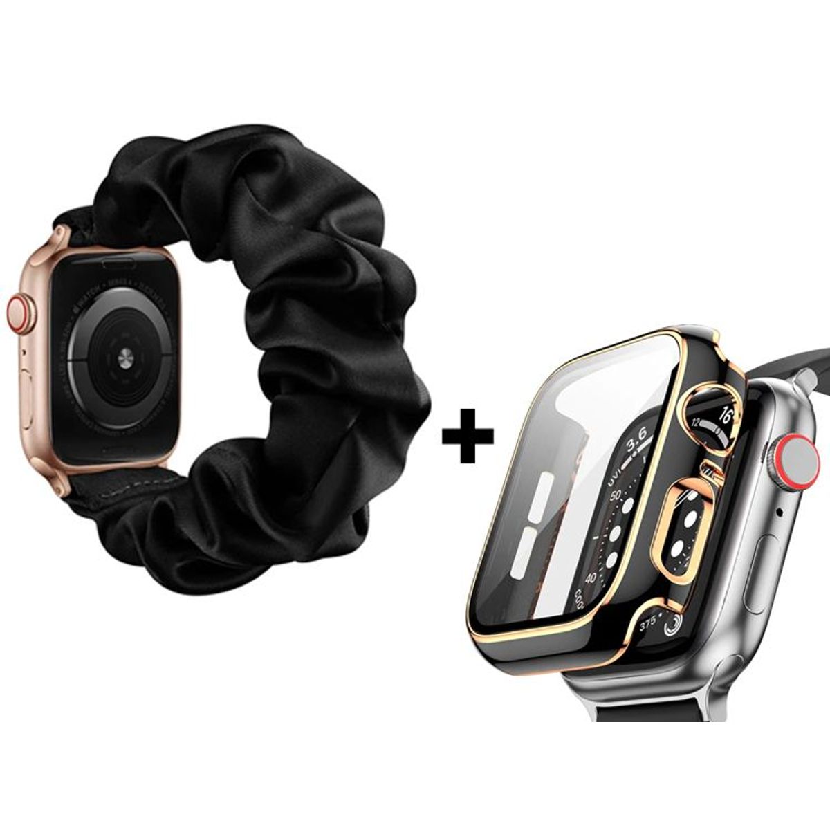 GENERICO - Correa Elástica Lisa + Case Bumper para Apple Watch 44mm - Negro