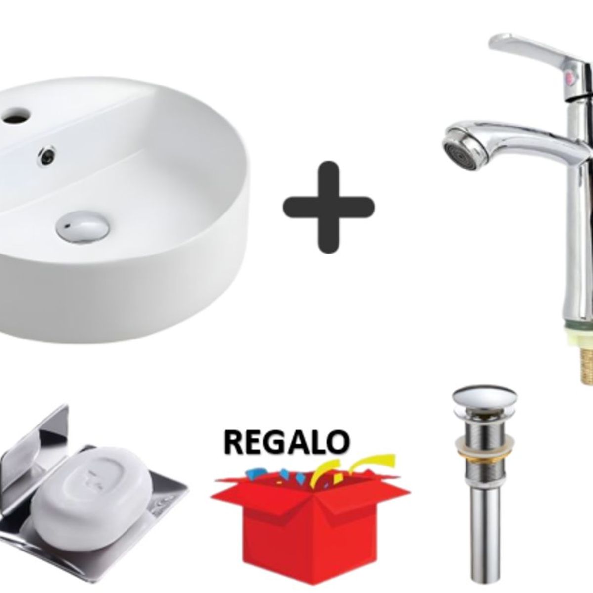 GENERICO - COMBO DE LAVATORIO GRIFERIA  CROMADO + JABONERA+ DESAGUE CROMADO