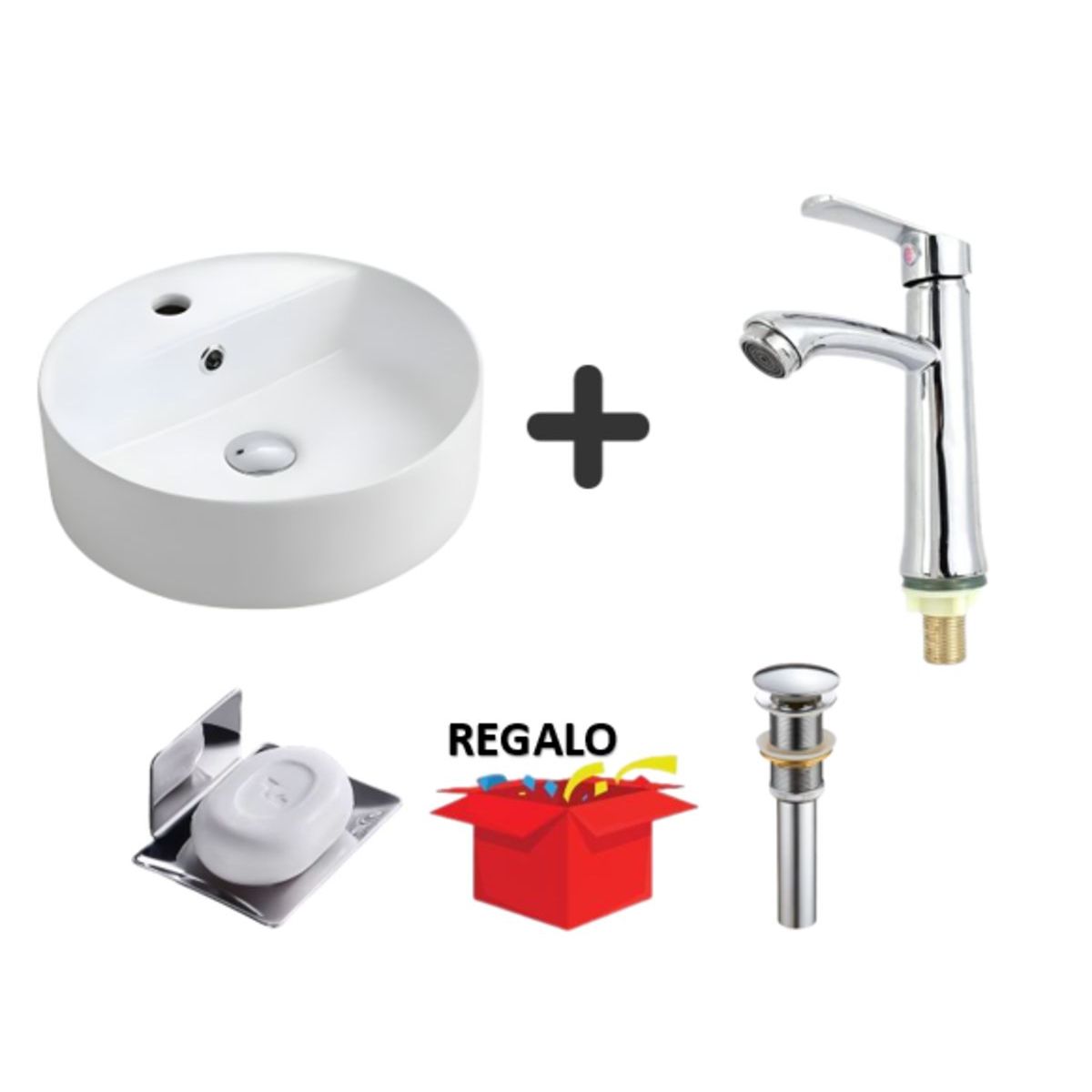 GENERICO - COMBO DE LAVATORIO GRIFERIA  CROMADO + JABONERA+ DESAGUE CROMADO