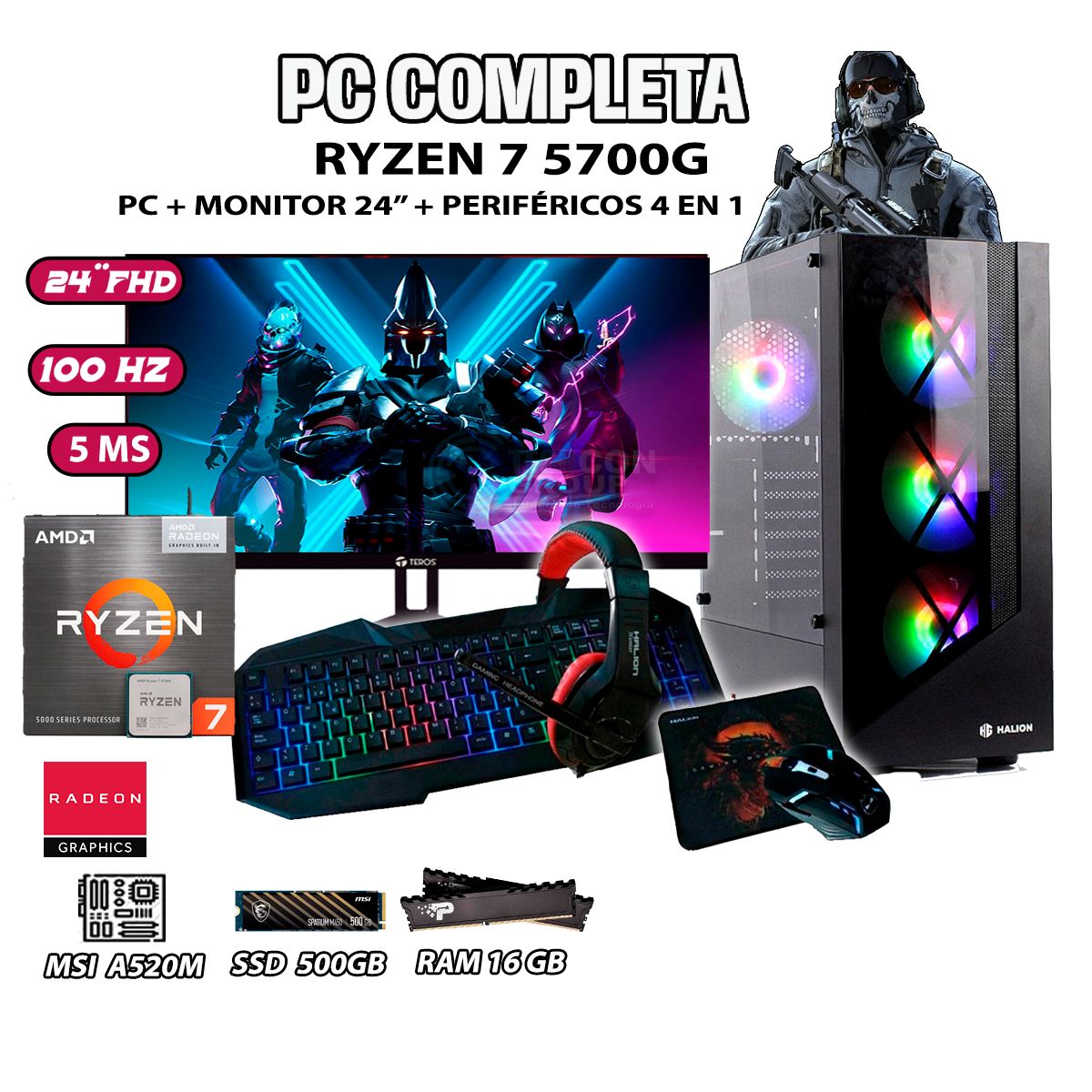 AMD - Computadora Completa Ryzen 7 5700G RAM 16GB DISCO 500GB SSD MONITOR 24"