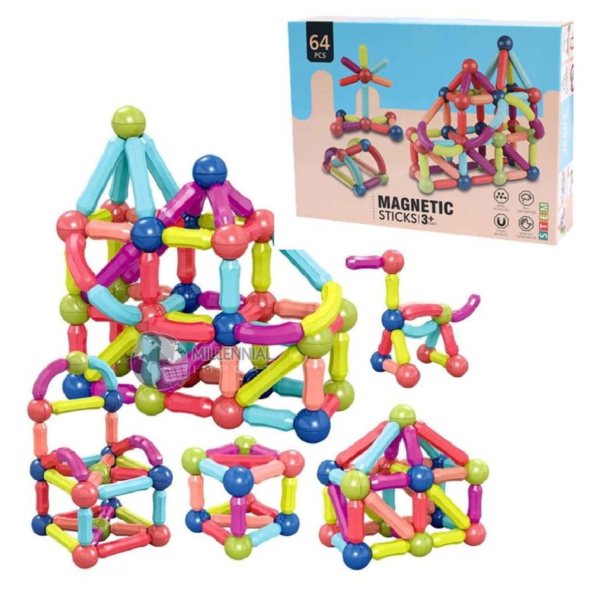 GENERICO - Juego Didáctico Educativo Bloques Magnéticos de 64 Piezas