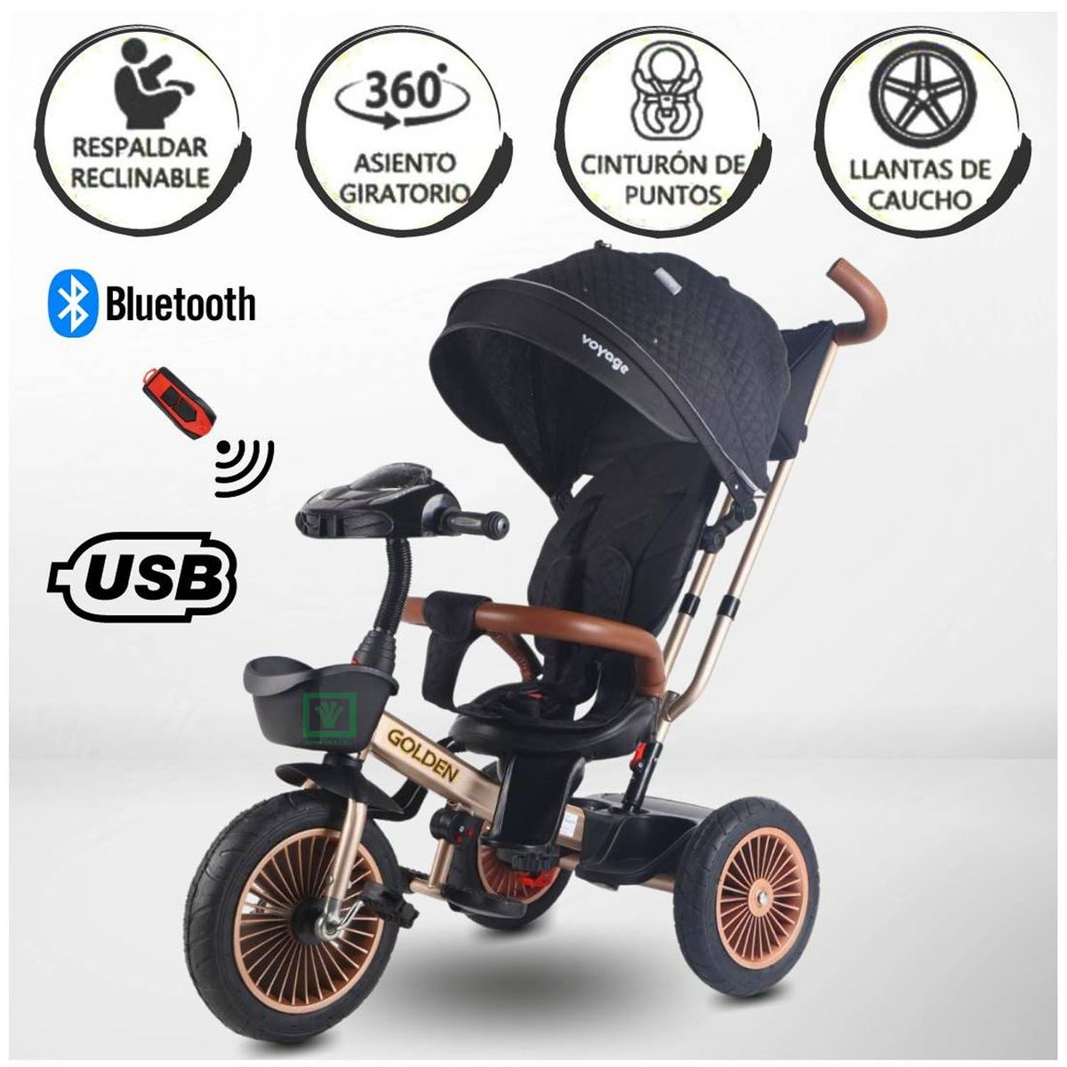 VOYAGE - Triciclo Guiador 3 En 1 «GOLDEN II NEW COLLECTION» USB Negro