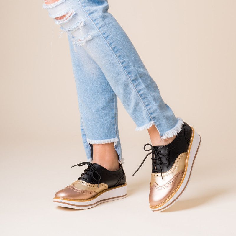ZAPATOS DE MUJER OXFORD DIVERSION BRONCE DORADO NEGRO KAWKI