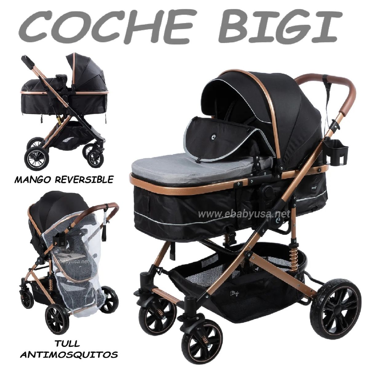 EBABY - Coche Cuna Moises de Lujo Bigi Ebaby -Plomo