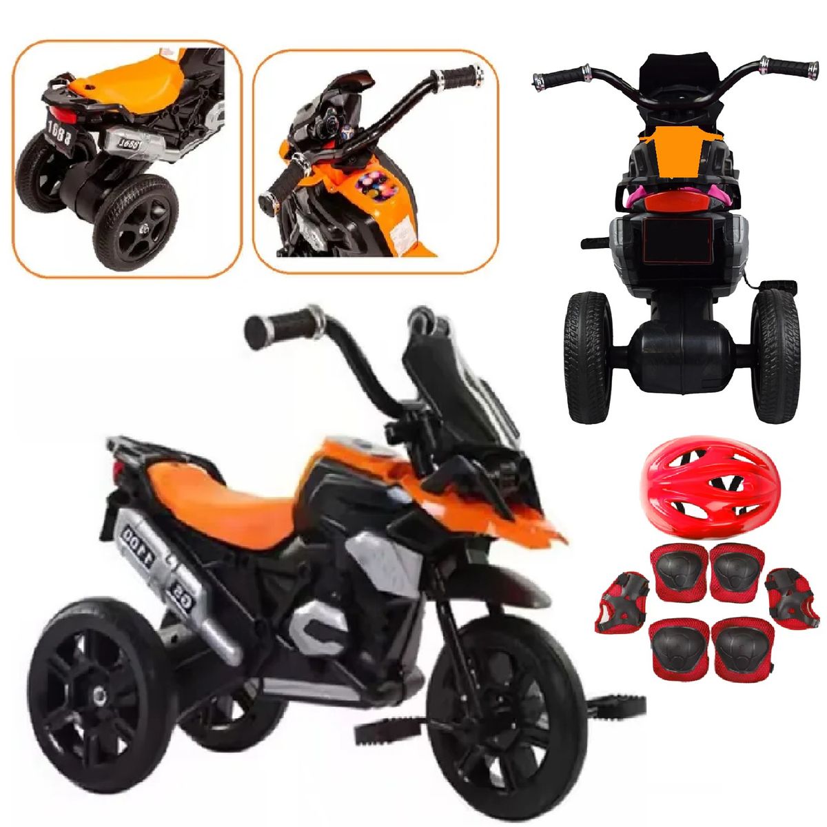 GENERICO - Triciclo Con Diseño De Moto Y Luz Frontal con kit de proteccion -Naranja