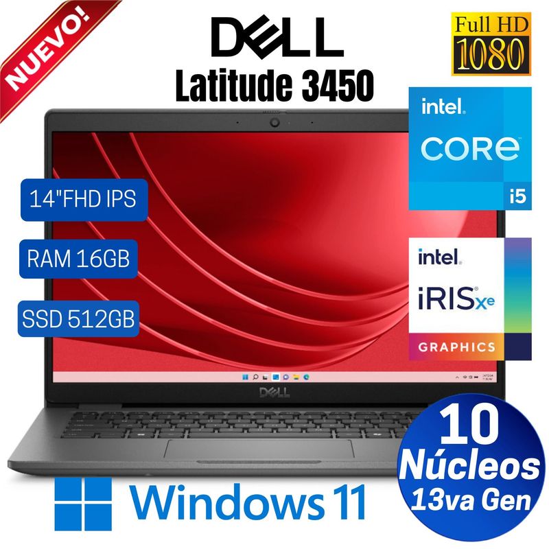 DELL - Laptop Dell LATITUDE 3450 14" FHD IPS, Core i5-1335U, 13va Gen, Ram 16GB, Ssd 512GB, Win 11 Pro
