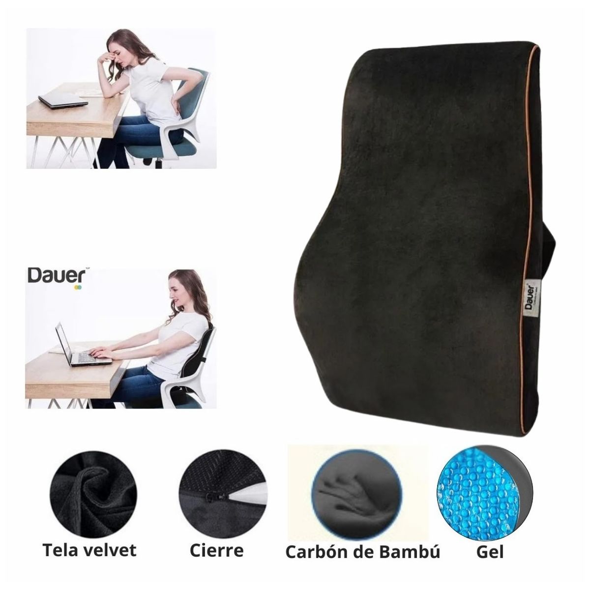 DAUER - Cojín Lumbar Ergonómico de Gel y Bambú para Sillas de Escritorio