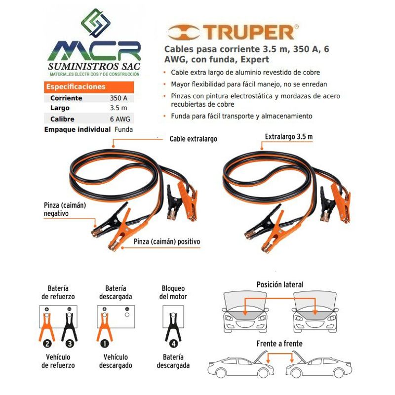 TRUPER - CABLE PARA CARGAR CORRIENTE DE BATERIA 350 AMP 3.5M TRUPER