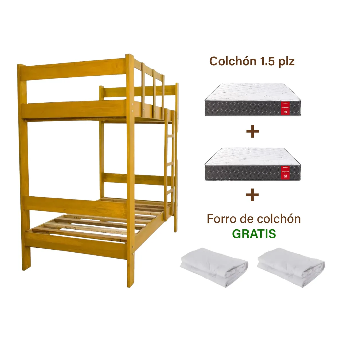 MUEBLES MACRUMO - Combo: Camarote de Madera color Natural de 1.5 pl+2 Colchones+2 Forros