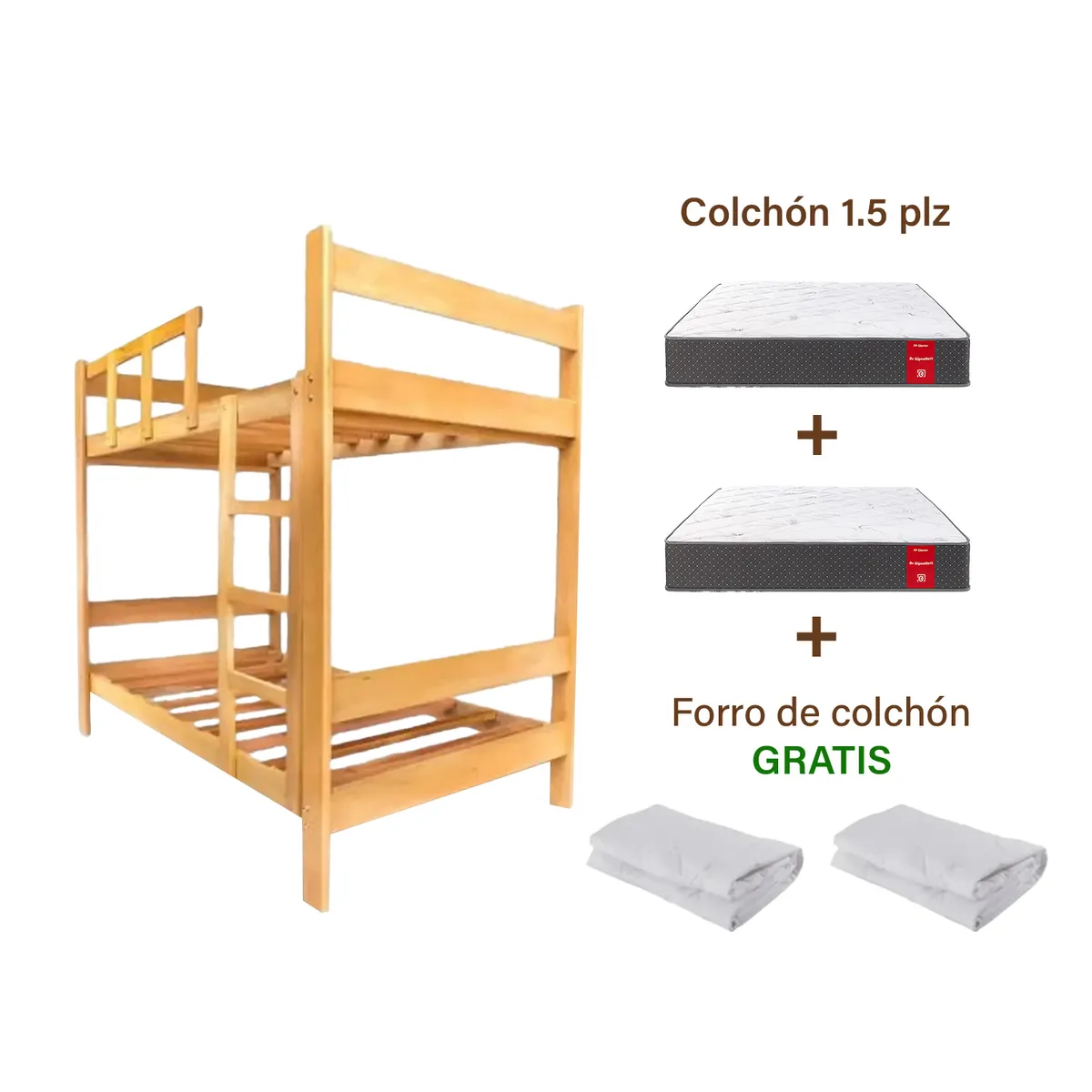 MUEBLES MACRUMO - Combo: Camarote de Pino Natural de 1.5 plz + 2 Colchones + 2 Forro