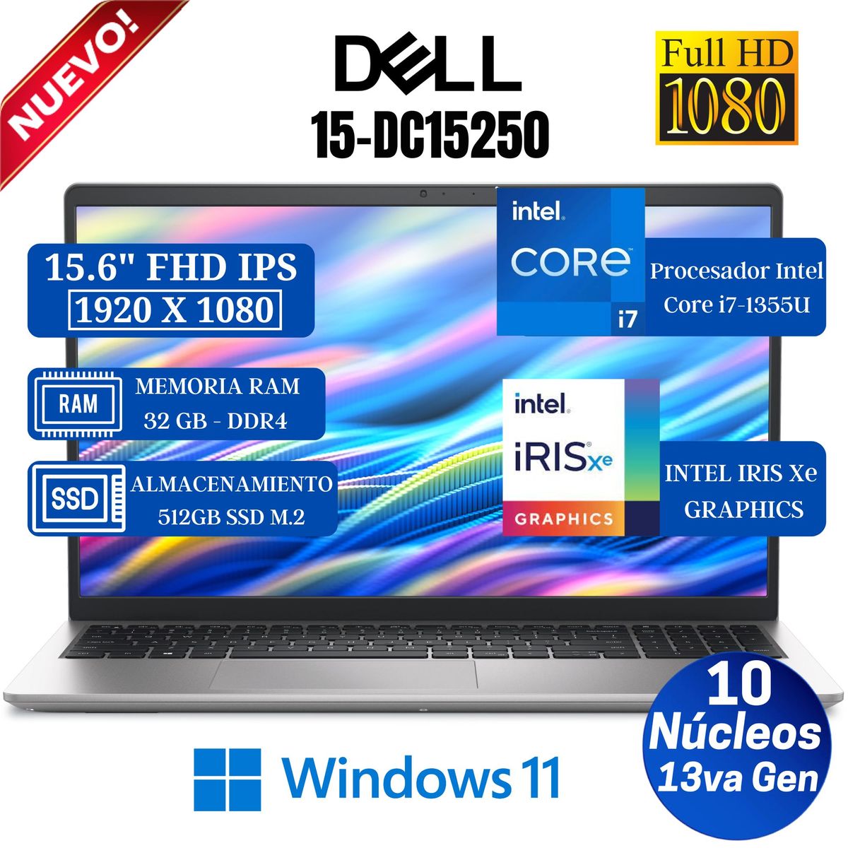 DELL - Laptop Dell 15 DC15250 15.6" FHD IPS, Core i7-1355U- 13va Gen, Ram 32GB, 512GB SSD, Win 11 Pro