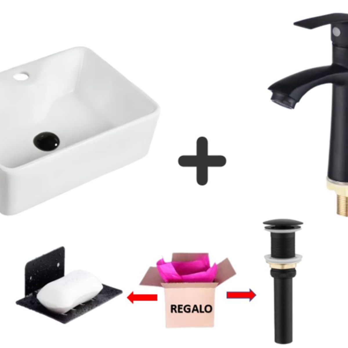 GREEN HOUSE - COMBO DE LAVATORIO GRIFERIA COLOR NEGRO + JABONERA+ DESAGUE