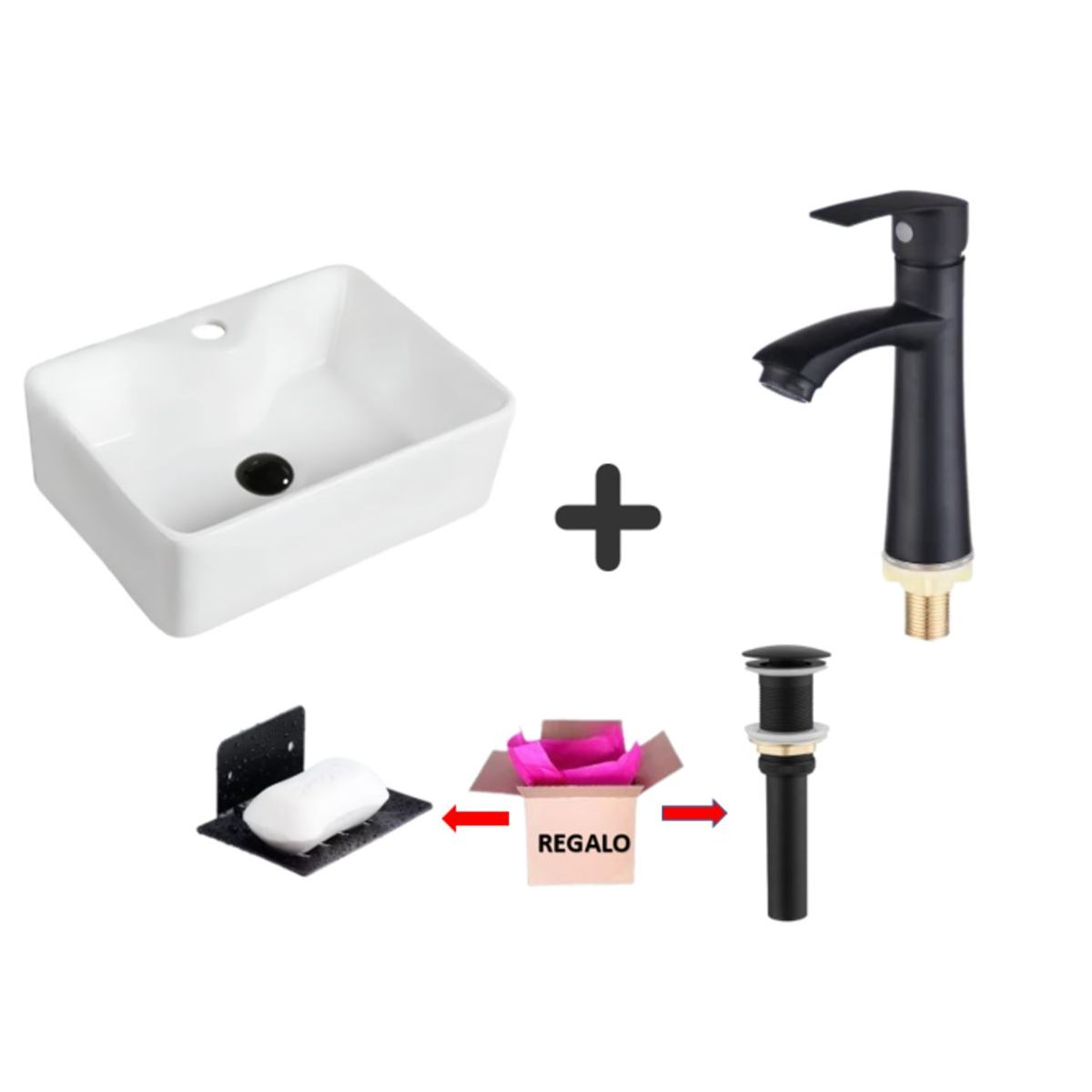 GREEN HOUSE - COMBO DE LAVATORIO GRIFERIA COLOR NEGRO + JABONERA+ DESAGUE