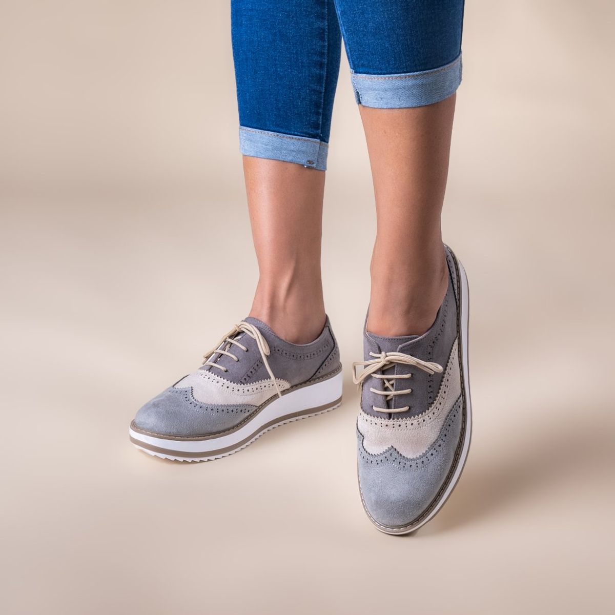KAWKI - ZAPATOS DE MUJER OXFORD DIVERSION PLOMO BEIGE GRIS