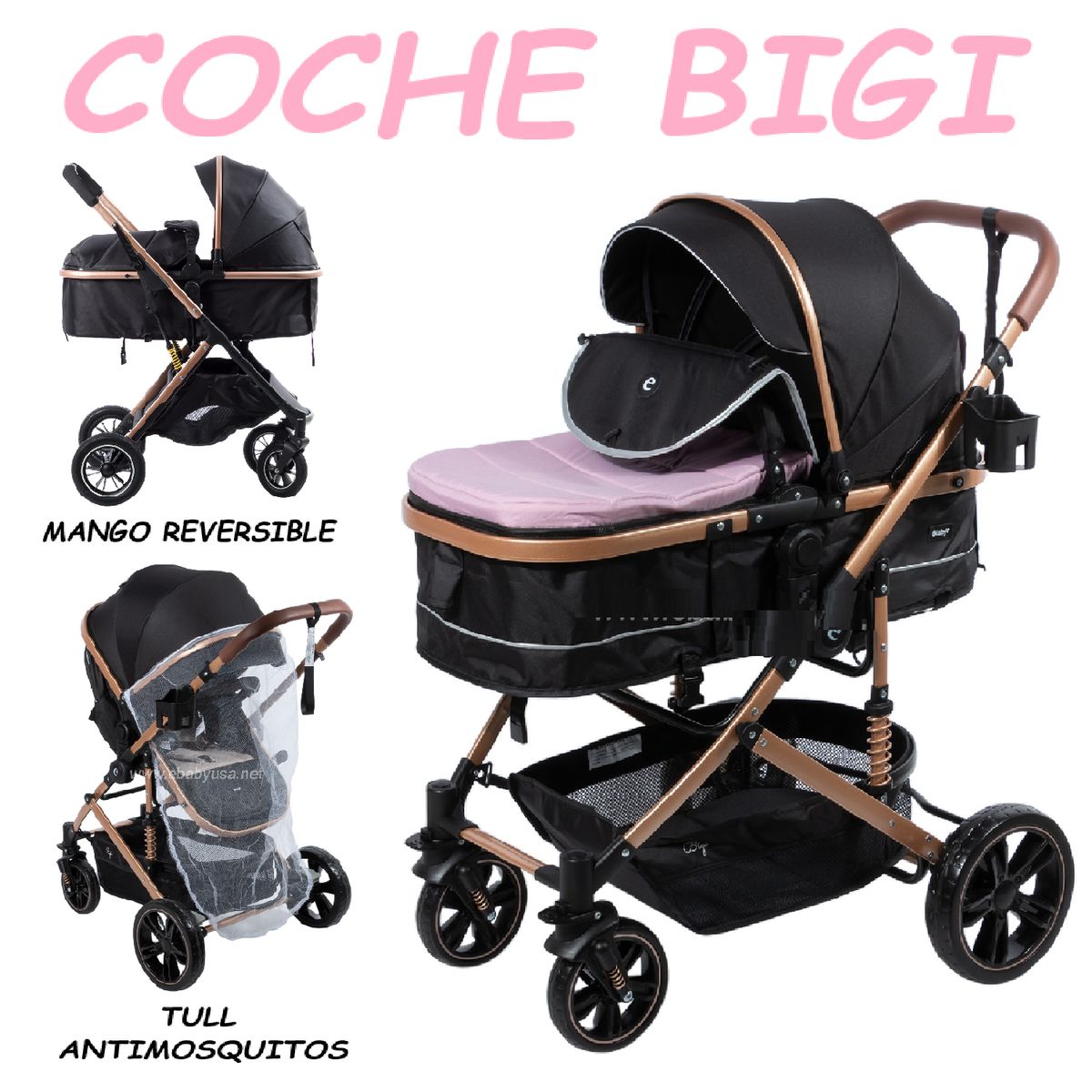 EBABY - Nuevo Coche Cuna Mango Reversible Bigi Ebaby -Rosa