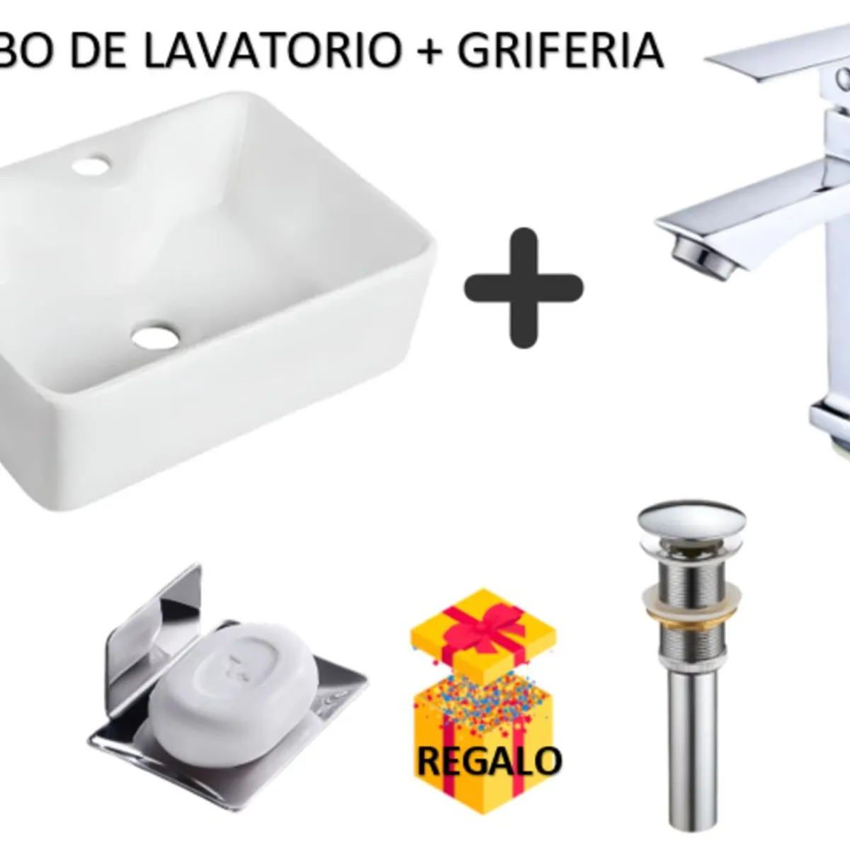 IMPORTADO MC - COMBO DE LAVATORIO GRIFERIA  CUADRADO + JABONERA+ DESAGUE CROMADO