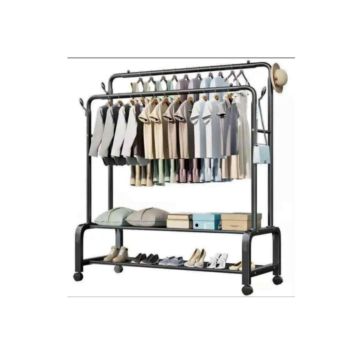 GENERICO - Perchero DOBLE Colgador Organizador De Ropa Con Zapateras Y ruedas