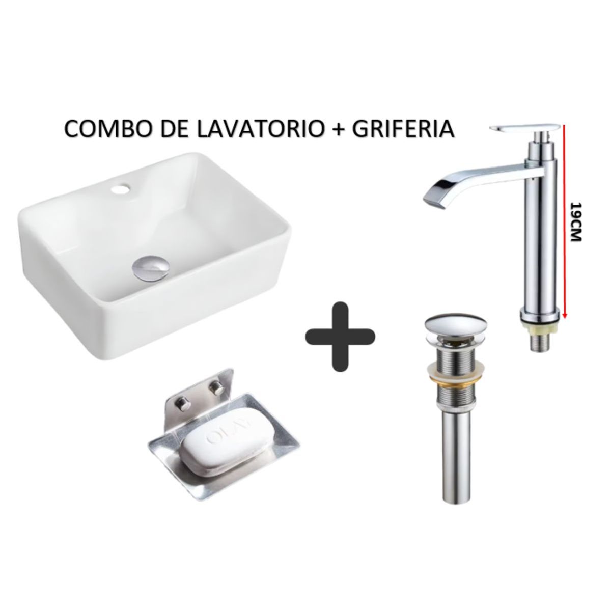 GENERICO - COMBO DE LAVATORIO GRIFERIA  CASCADA + JABONERA+ DESAGUE CROMADO