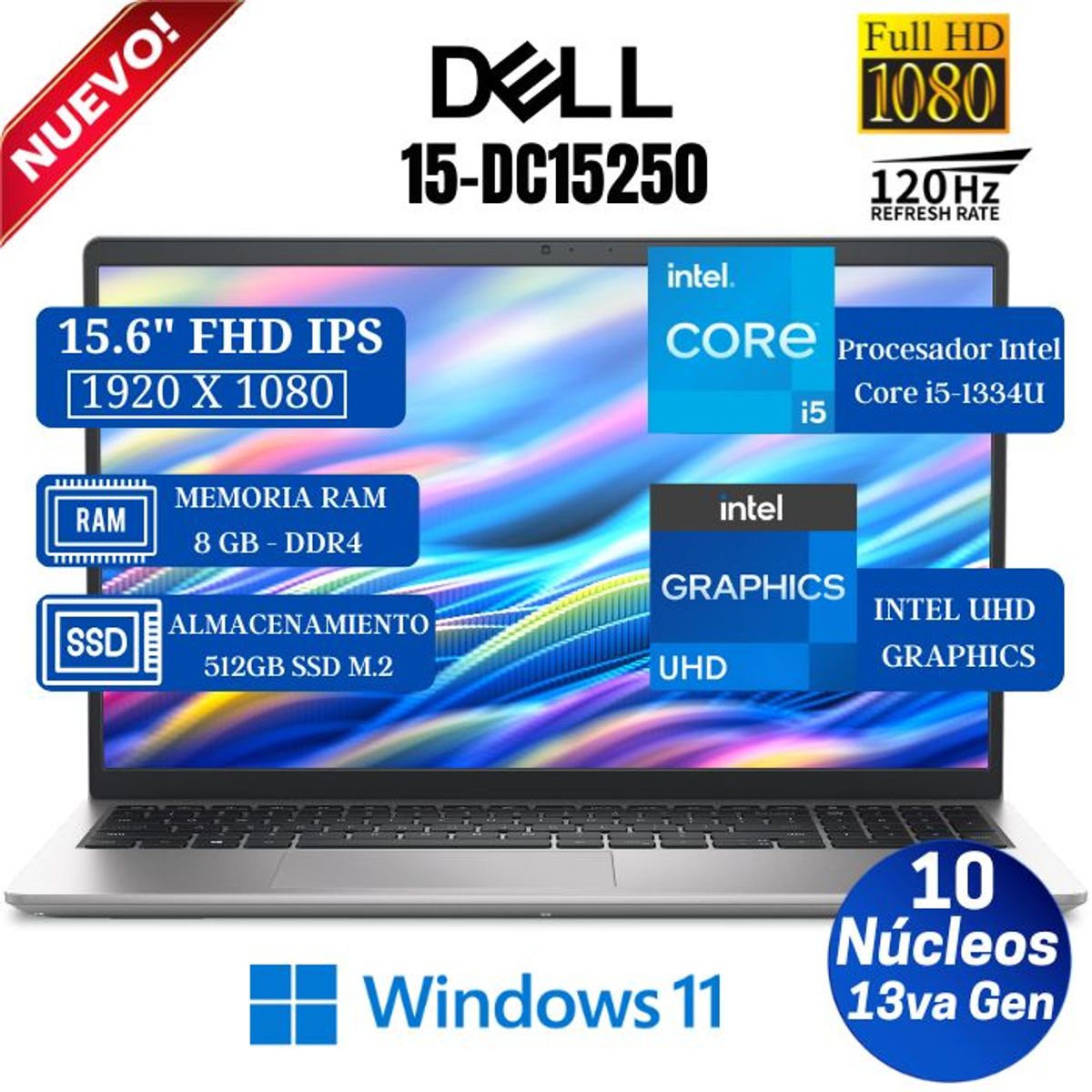 DELL - laptop Dell 15 DC15250 15.6" FHD IPS ,Core i5-1334U, 13va Gen,Ram 8GB, SSD 512GB,Win 11 Pro