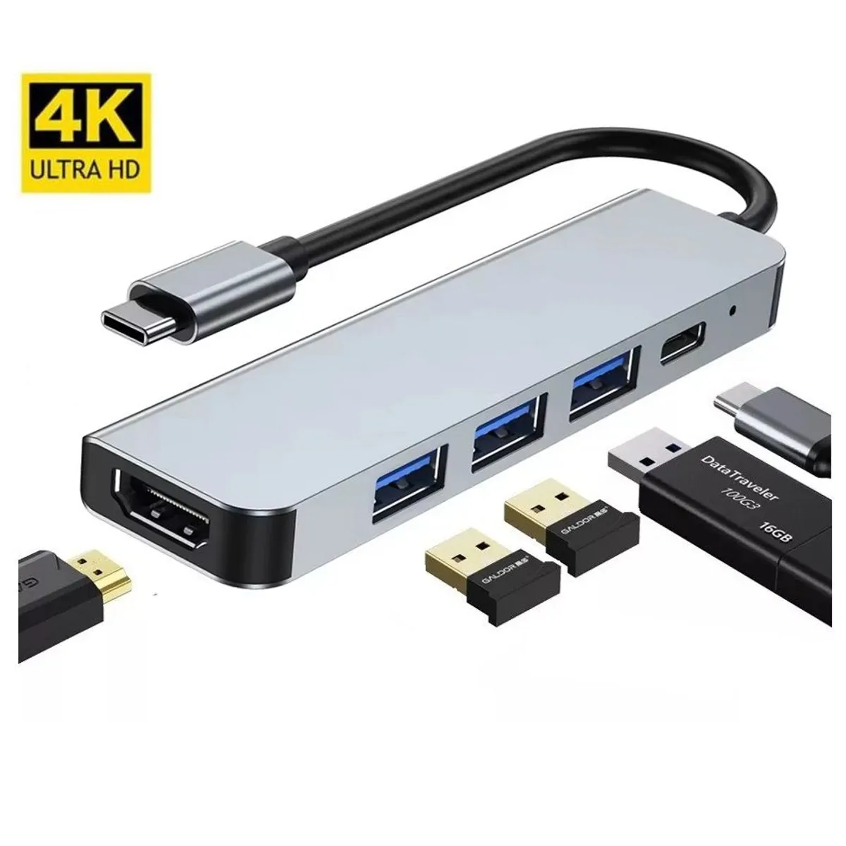 OEM - Hub Adaptador 5 en 1 Tipo C a HDMI 4K / USB/  PD 87W