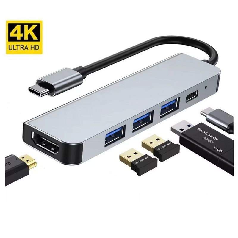 OEM - Hub Adaptador 5 en 1 Tipo C a HDMI 4K / USB/  PD 87W