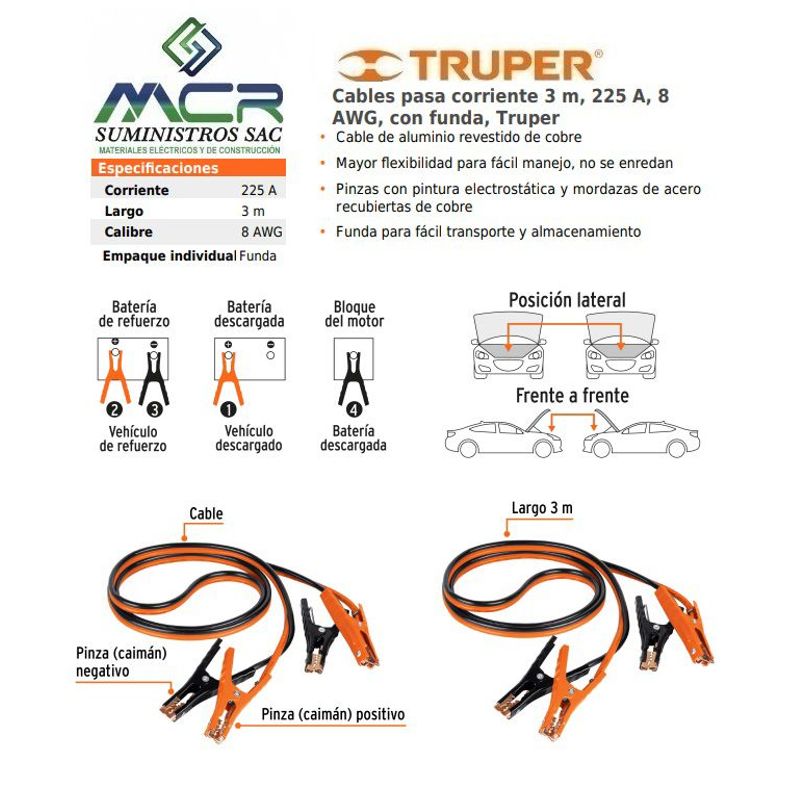 TRUPER - CABLE PASA CORRIENTE DE BATERIA 225 AMP 8Awg 3M+FUNDA TRUPER