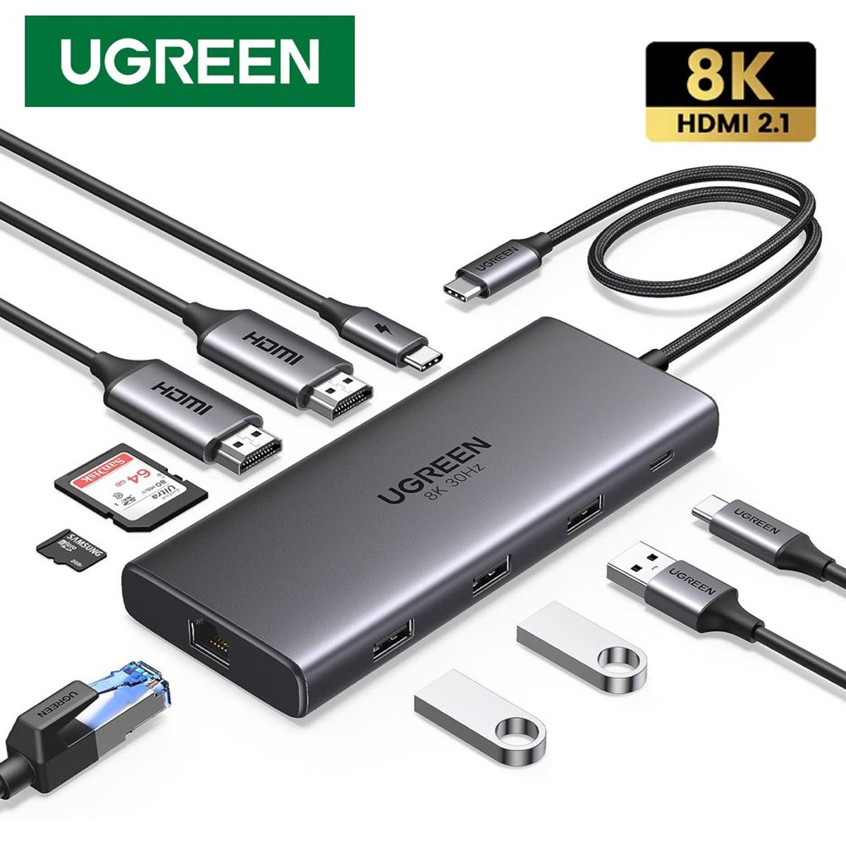 UGREEN - Adaptador Tipo C 10 En 1 Multiport Hub Estacion Lan Hdmi 8K 4k ugreen