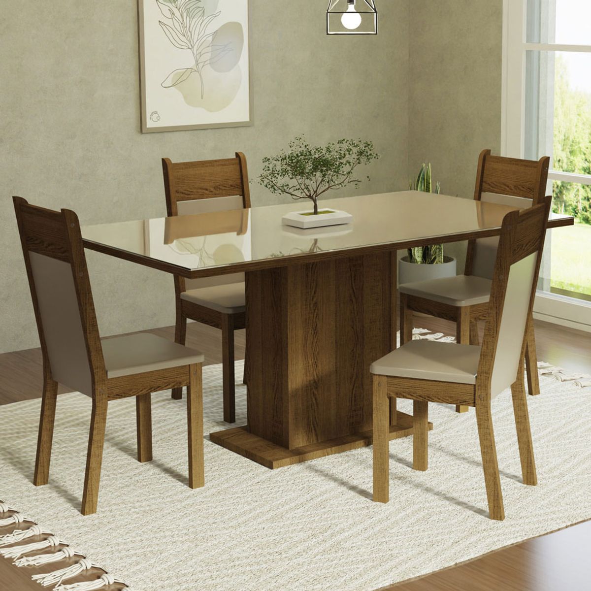MADESA - Juego de Comedor Greta con 4 Sillas - Tablero de Madera y Cristal