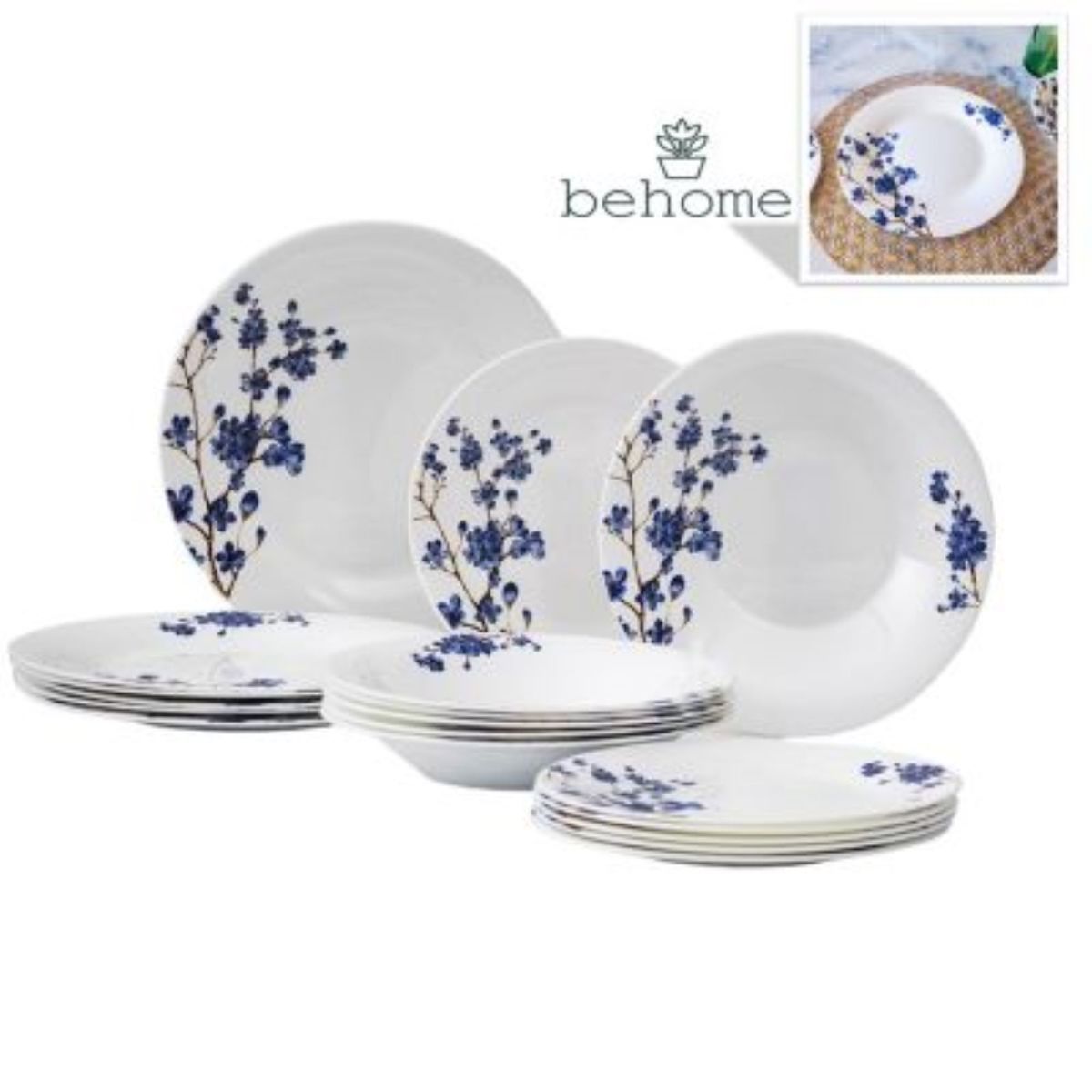BEHOME - Set de 18 Platos Ecovidrio Azulea Behome