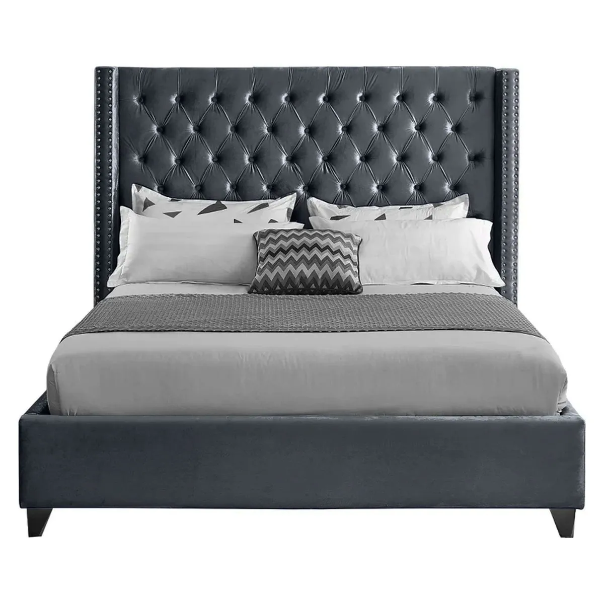 GENERICO - Cama Tapizada Capitoné Plomo Oscuro 2 Plazas