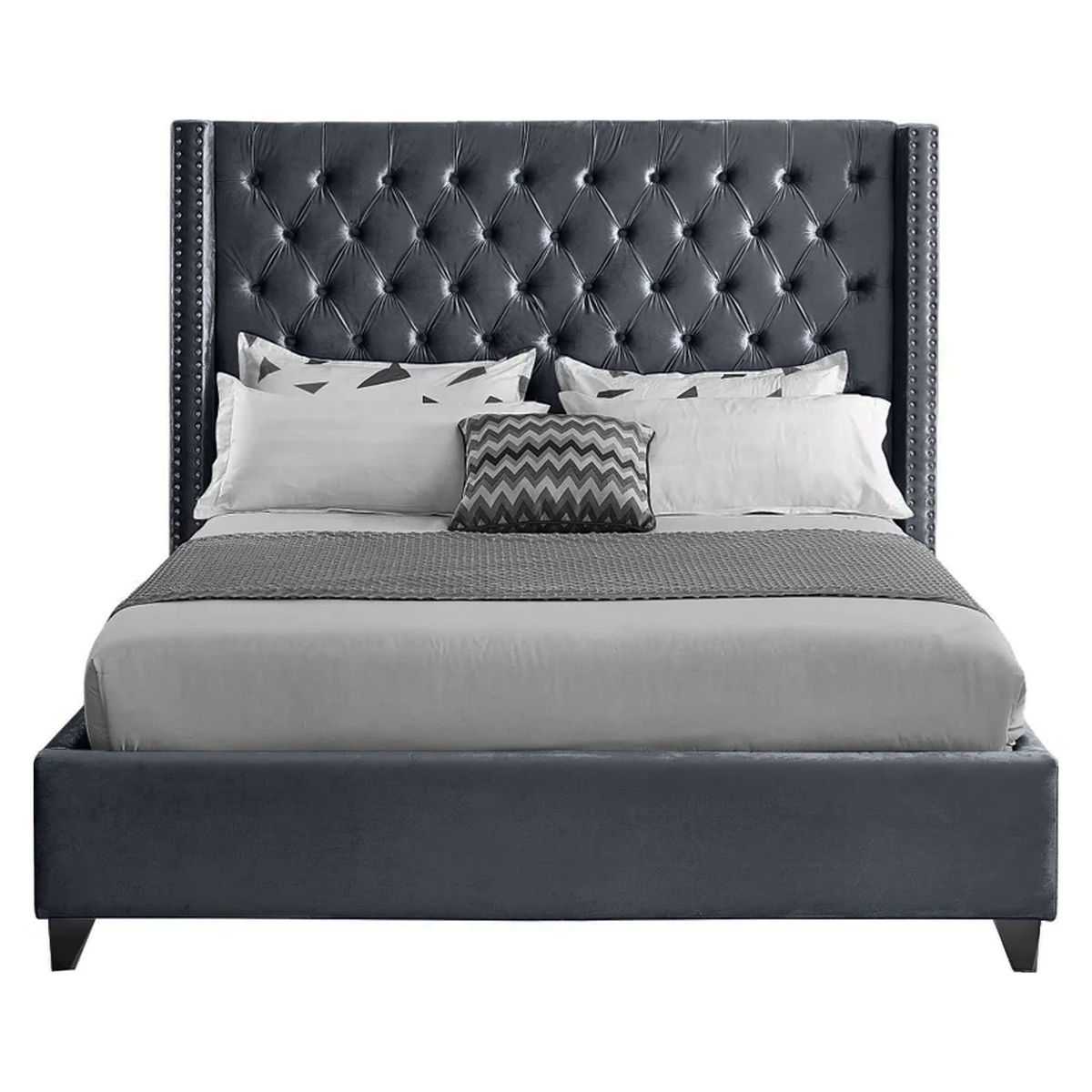 GENERICO - Cama Tapizada Capitoné Plomo Oscuro 2 Plazas