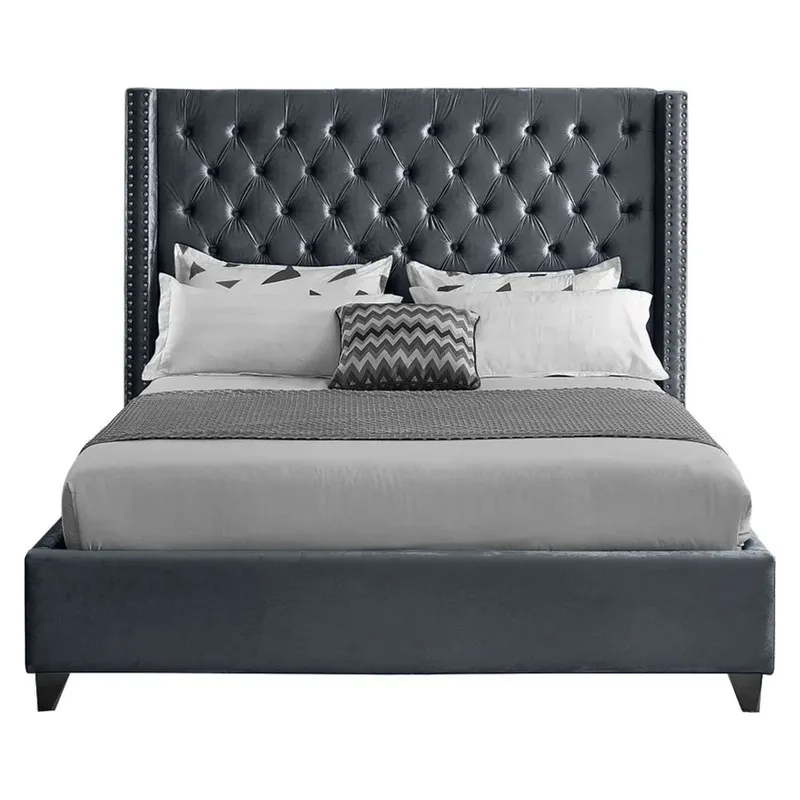 GENERICO - Cama Tapizada Capitoné Plomo Oscuro 2 Plazas