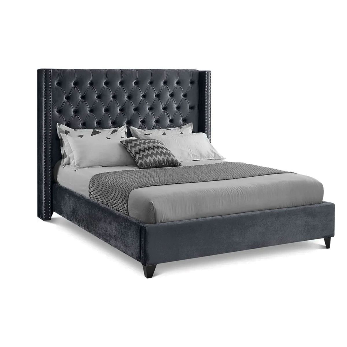 GENERICO - Cama Tapizada Capitoné Plomo Oscuro 2 Plazas