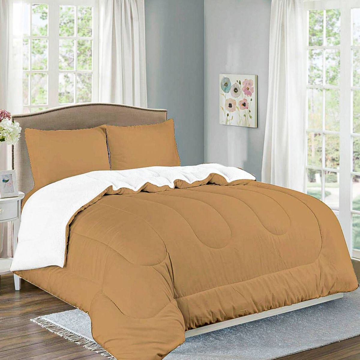 CASATEX - Edredón con carnero sherpa 2 plazas + Juego de sábanas 100% Algodón