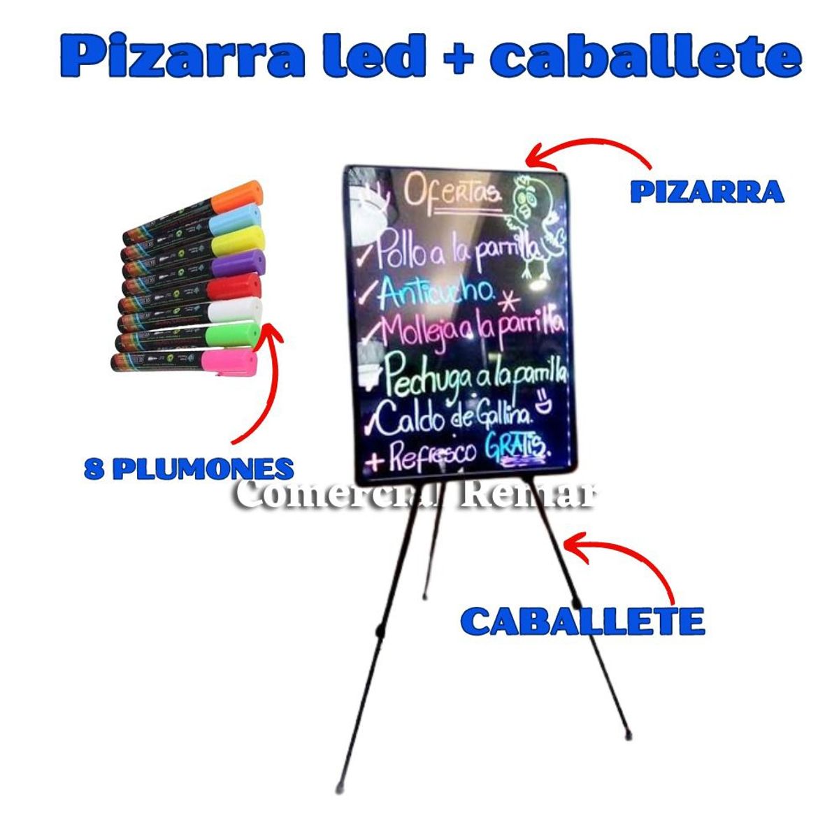 GENERICO - Pizarra Led 60x40cm con Luces + Caballete + 8 Plumones