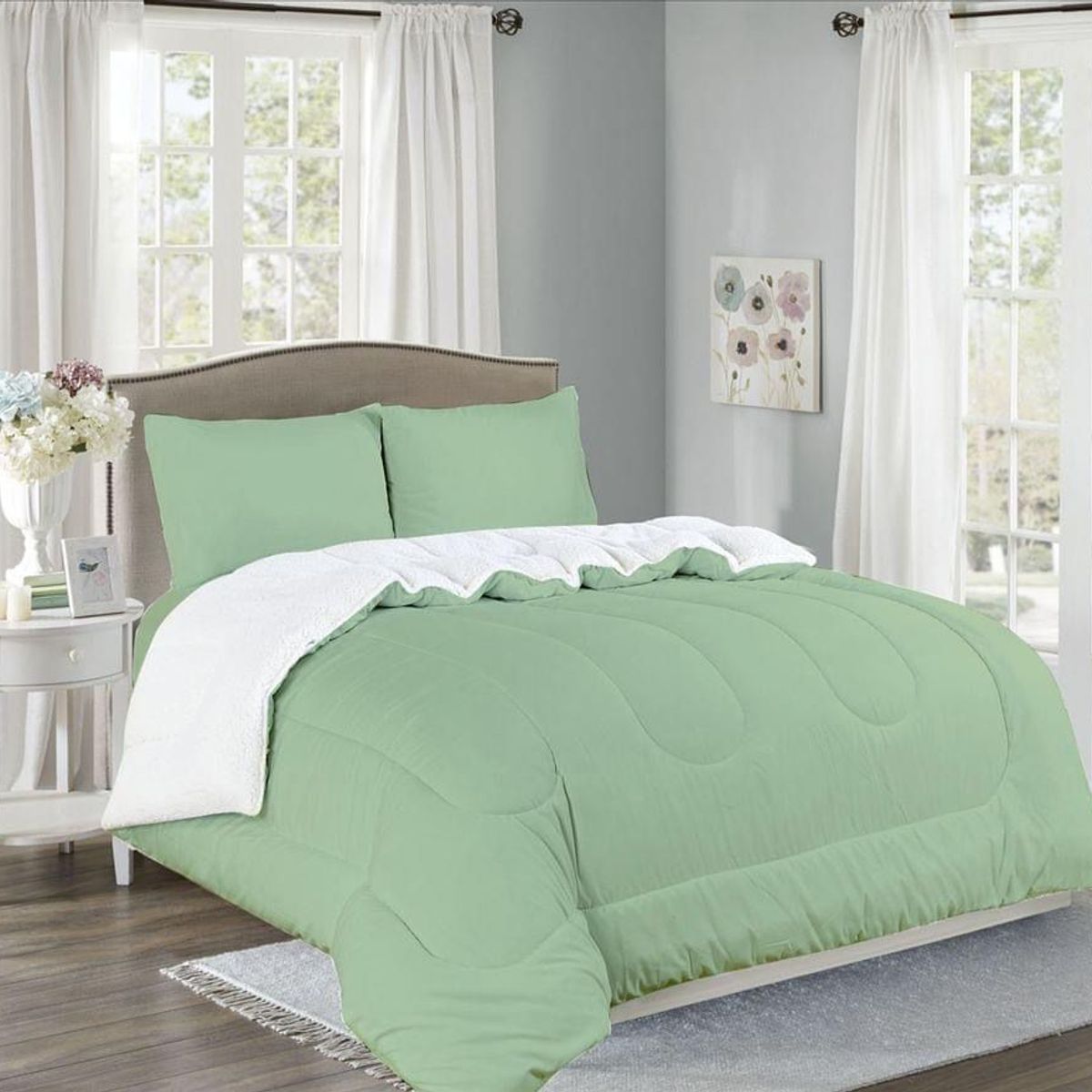 CASATEX - Edredón con carnero sherpa 2 plazas + Juego de sábanas 100% Algodón