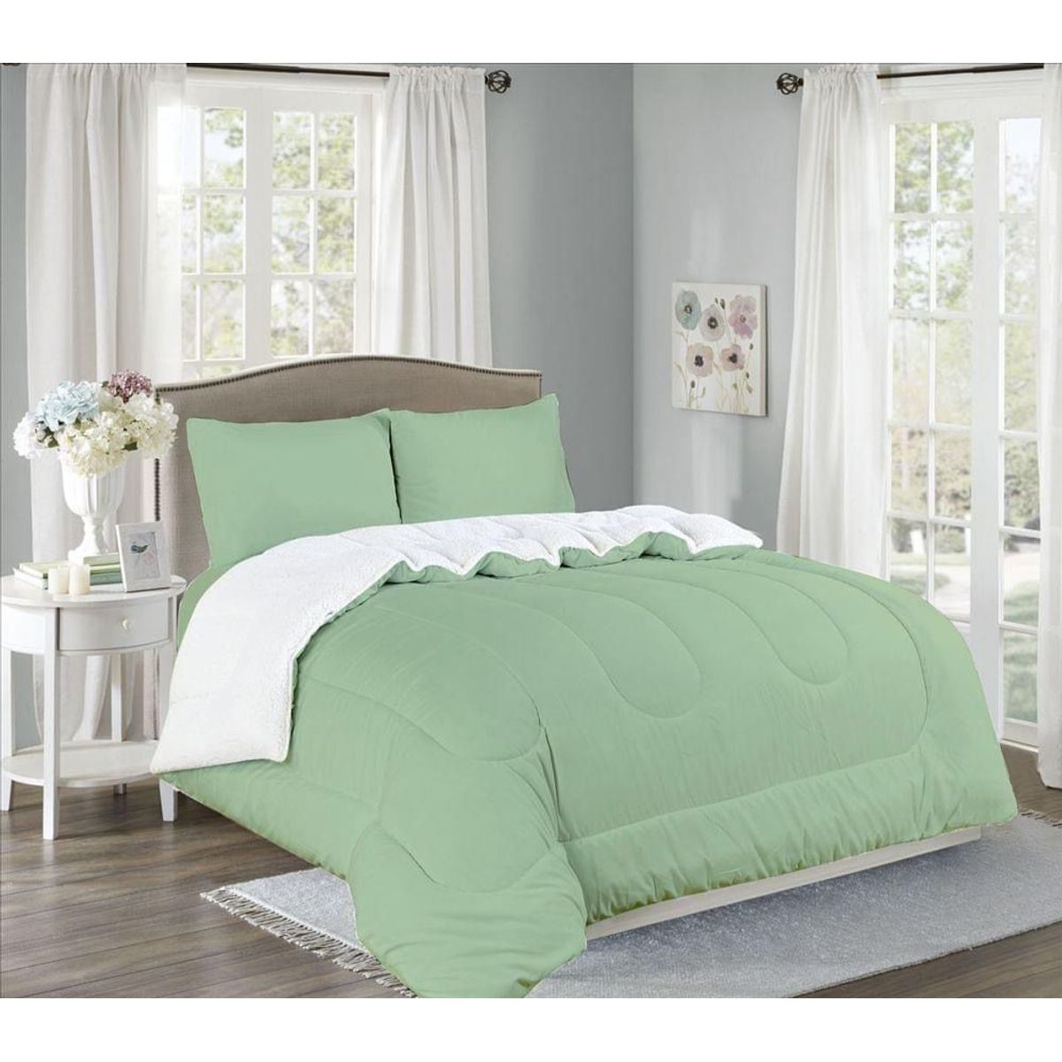 CASATEX - Edredón con carnero sherpa 2 plazas + Juego de sábanas 100% Algodón