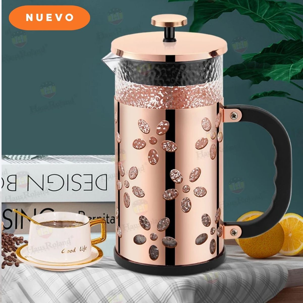 GENERICO - CAFETERA FRANCESA DORADA CON DISEÑO  DE 1LT