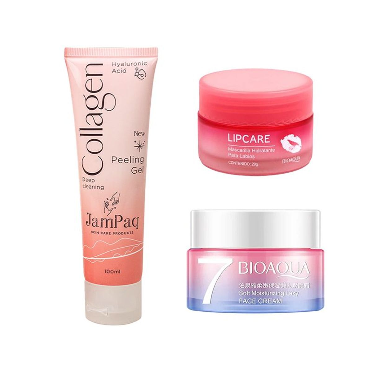 BIOAQUA - Gel Exfoliante Colageno JamPaq + Crema Facial Aclarante + Balsamo de Labios