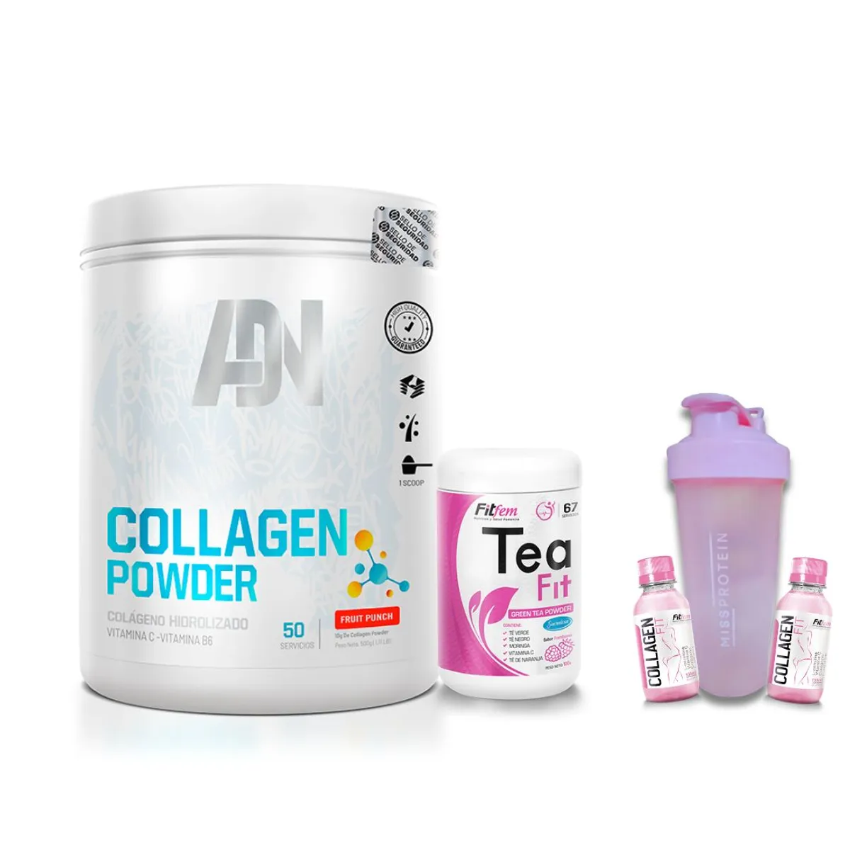 FITFEM - COLLAGEN POWDER 500 GR FRUIT PUNCH + TEA FIT 100 GR FRAMBUESA + SHAKER