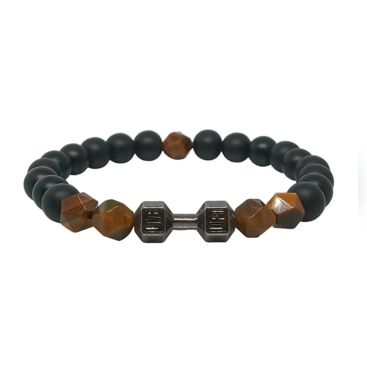 LUCYANA JOYAS Y ACCESORIOS - Pulsera para Hombre de Mancuerna Gym Cuarzo Ónix y Ojo de Tigre Marrón