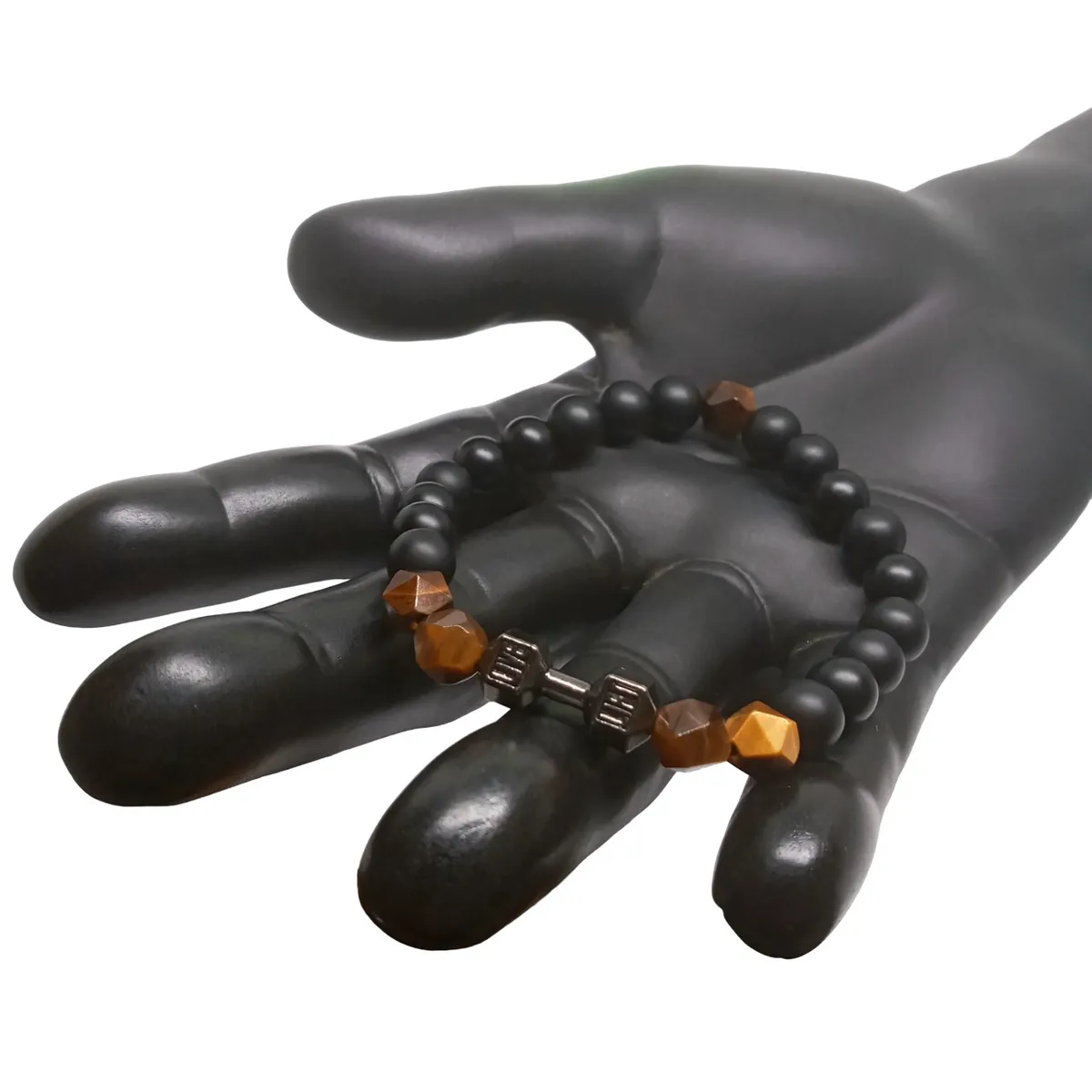 LUCYANA JOYAS Y ACCESORIOS - Pulsera para Hombre de Mancuerna Gym Cuarzo Ónix y Ojo de Tigre Marrón