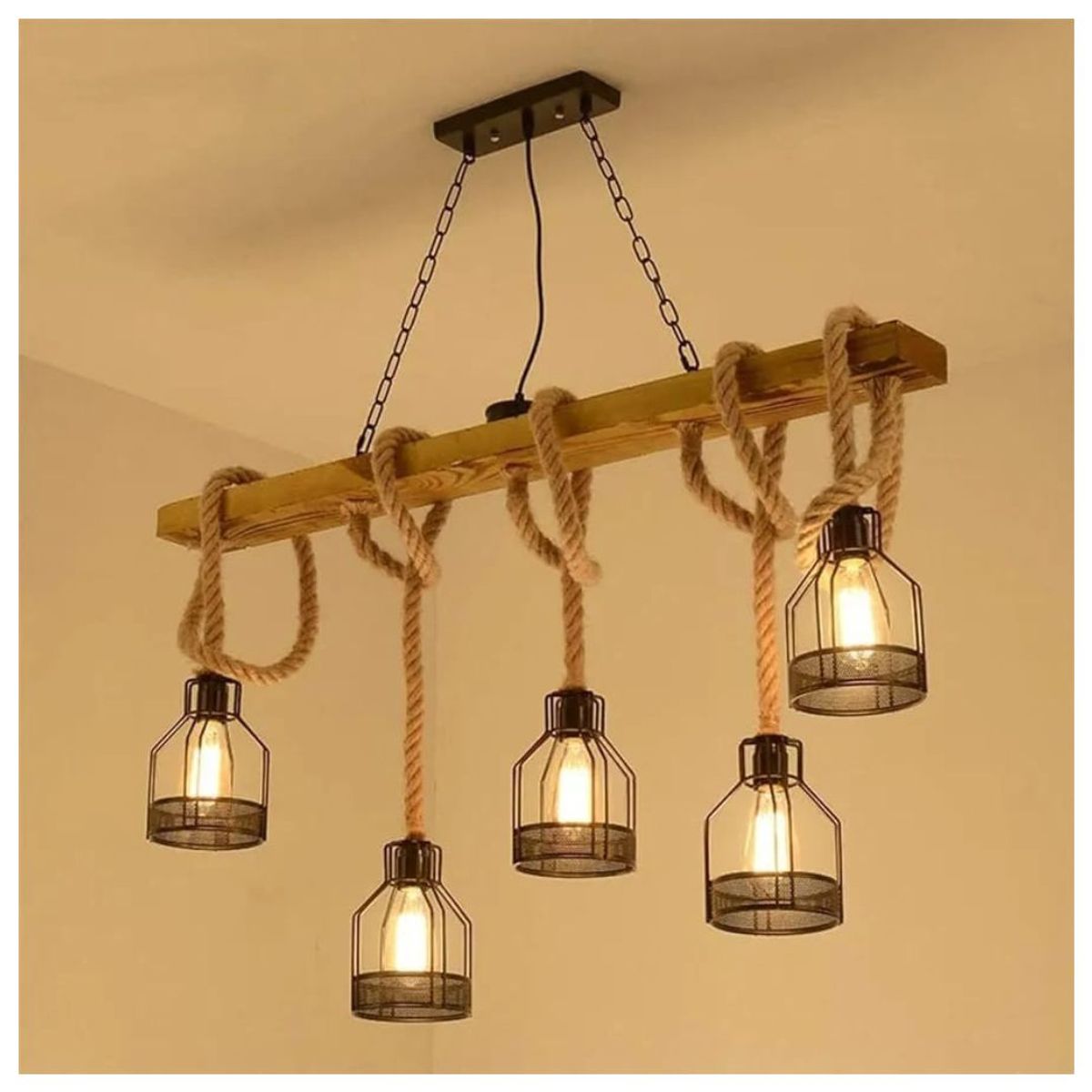 GENERICO - Lámpara de cuerda de cáñamo 5 luces industrial vintage