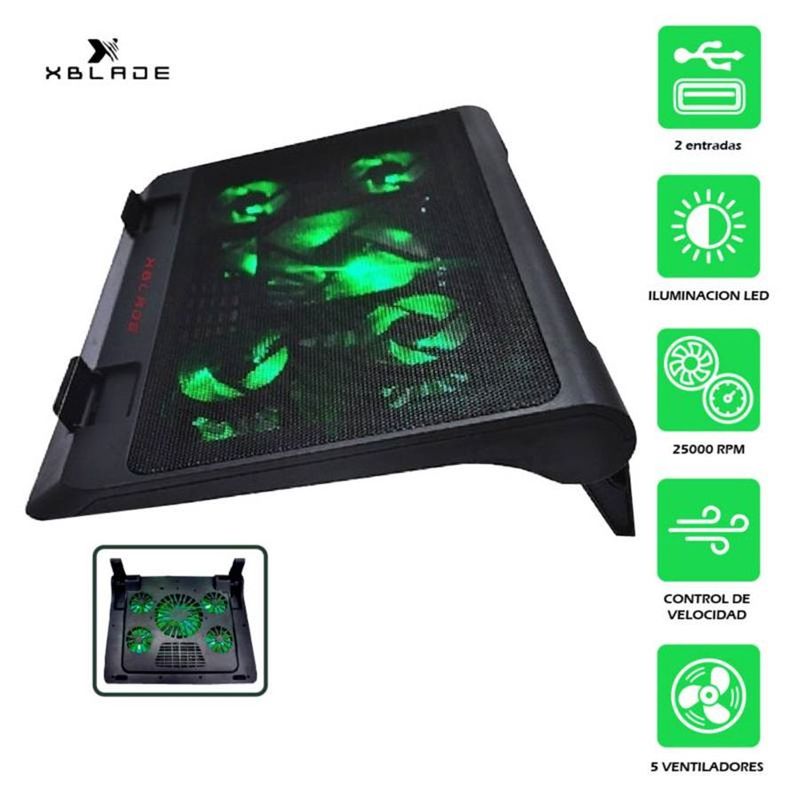 XBLADE - COOLER XBLADE P/NOTEBOOK GLACIUS 17" 5 FAN USB GREEN LIGHT BLACK