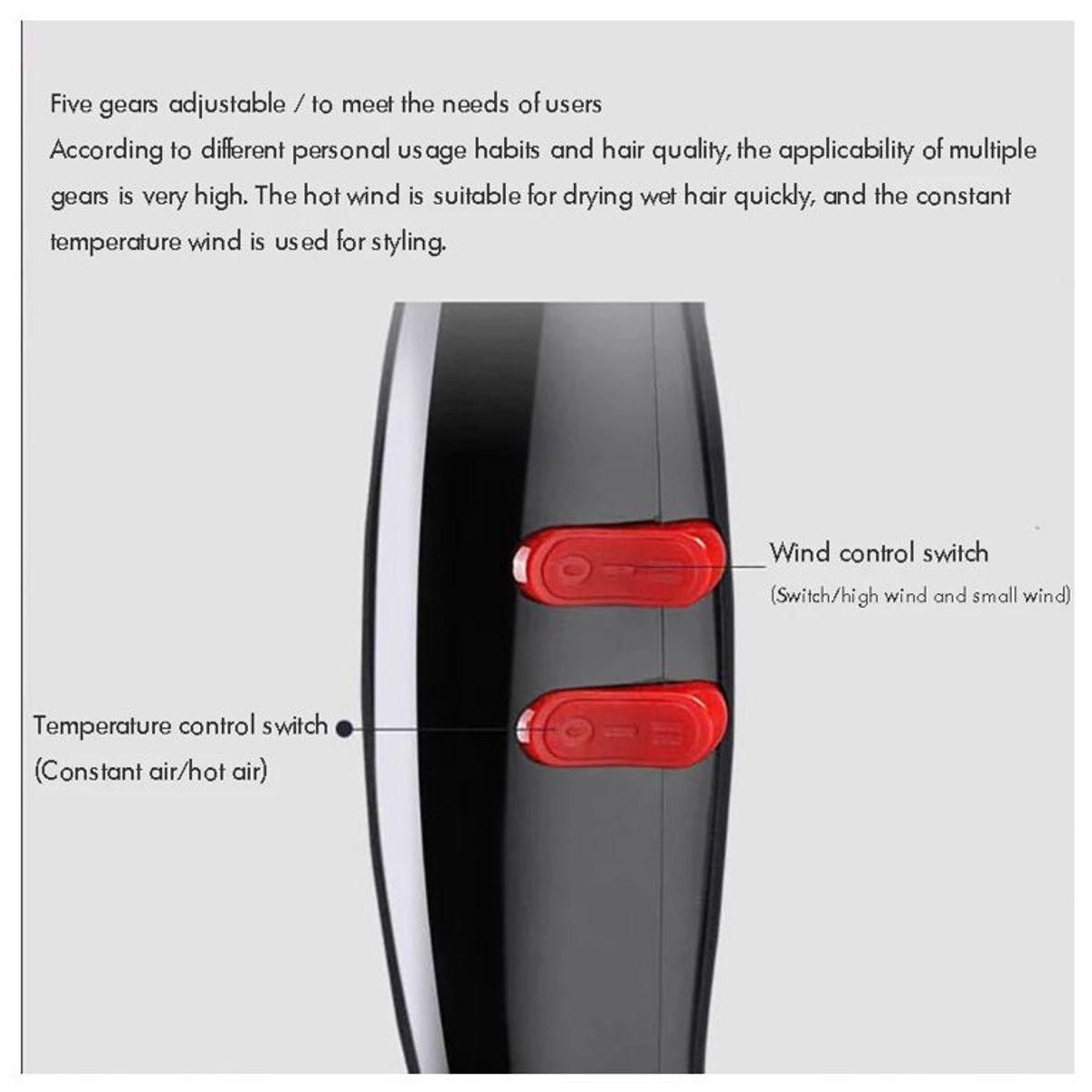 GENERICO - Secadora de cabello con iones negativos 5 velocidades