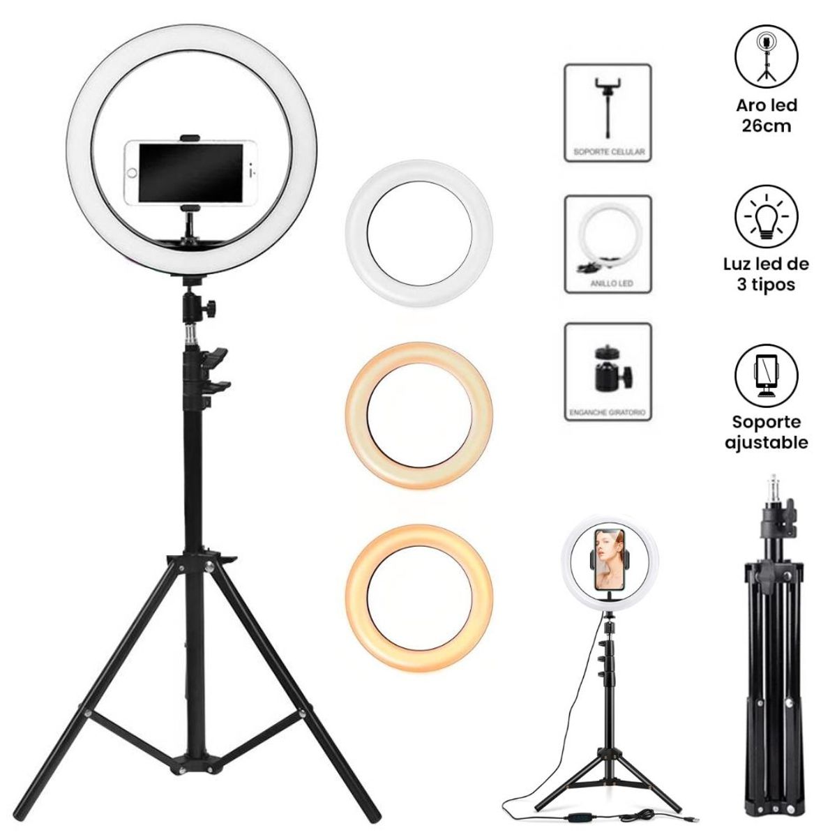 INSPIRA MARKET - Aro de luz led anillo 26 Cm Fotografia Video + Tripode